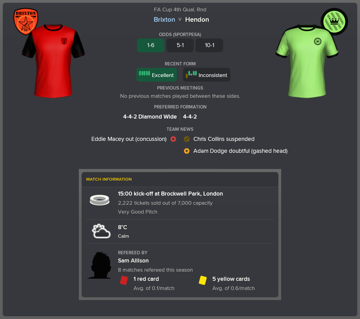 ---------- vs. Hendon pre-game