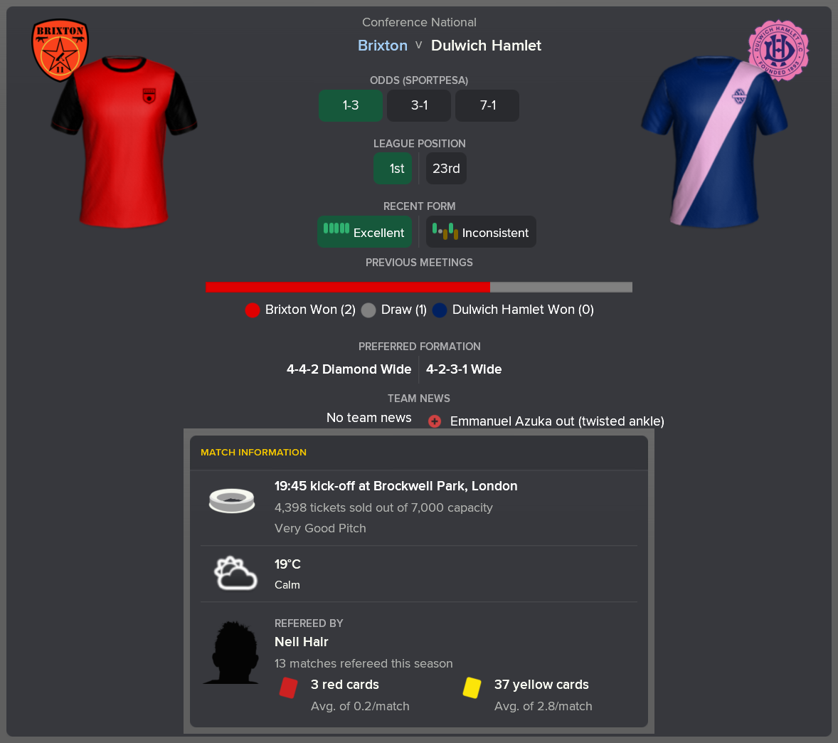 ---------- vs. Dulwich Hamlet pre-match