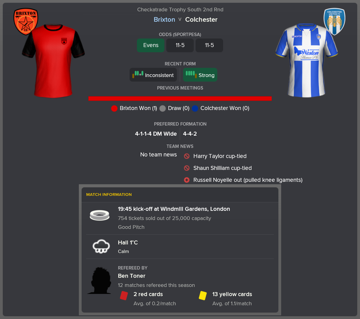 ---------- vs. Colchester pre-match