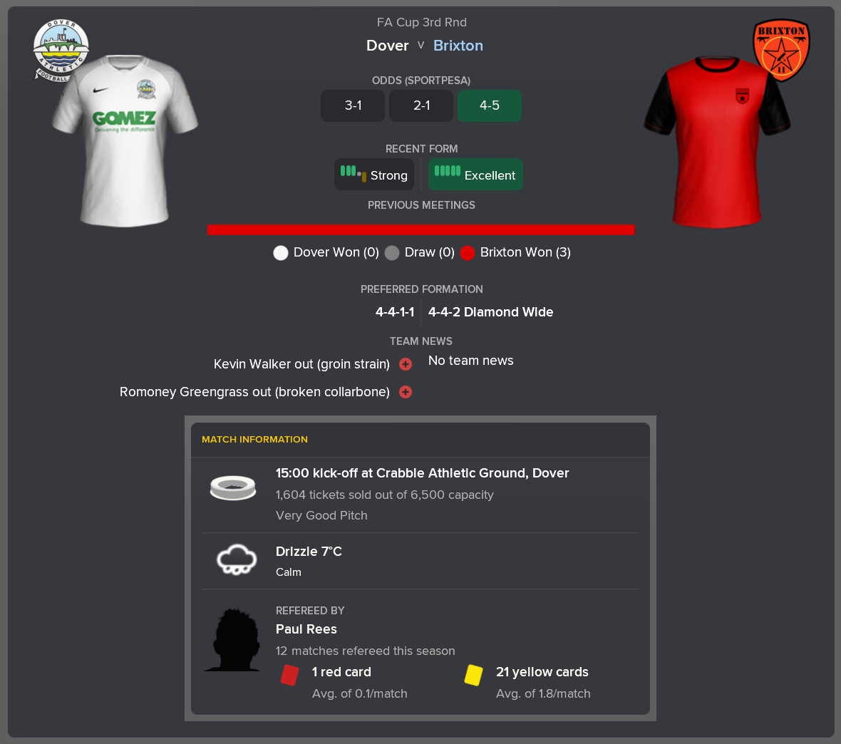 ---------- at Dover pre-match