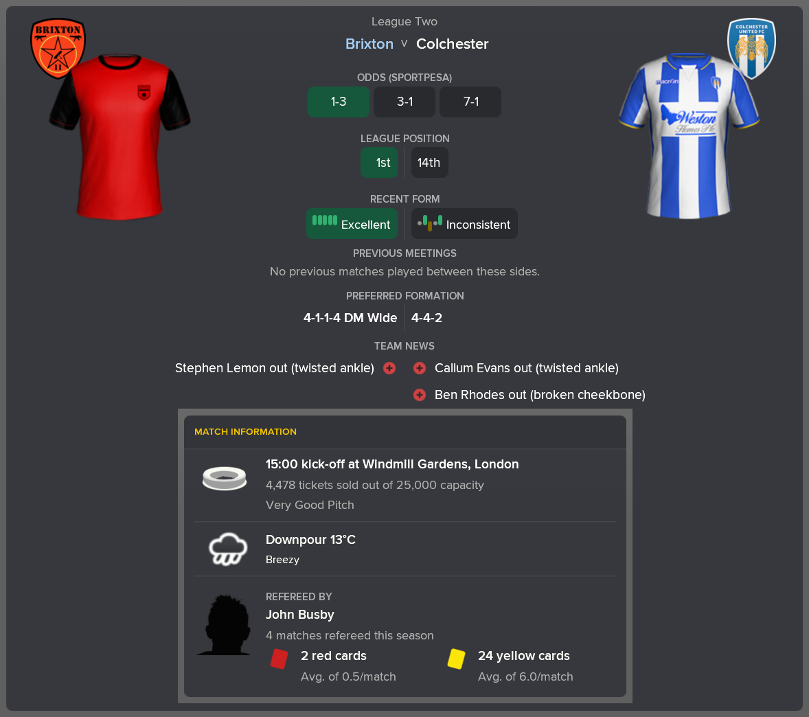 ---------- vs. Colchester pre-match