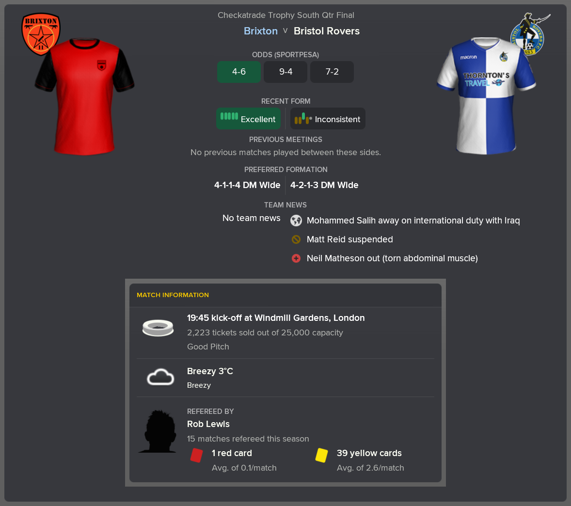 ---------- vs. Bristol Rover pre-match